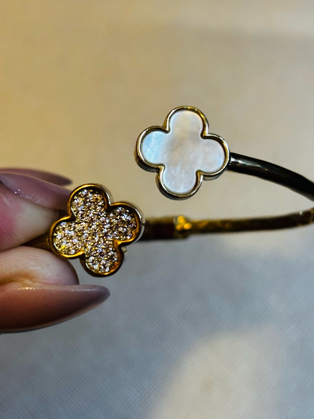 Gold Clover Cuff Bracelet with Mother of Pearl and Pave Crystals
